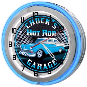 Vintage Hot Rod Neon Garage 19&quot; Clock, Personalized Automotive Garage Neon Clock, Garage Decor Ideas, Light Up Garage Signs, Muscle Car Sign