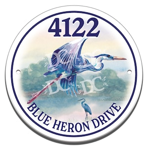 Blue Heron  Themed Ceramic House Number Circle Tile, Blue Heron Themed Address Door Sign, Great Blue Heron Themed House Number Circle Sign,