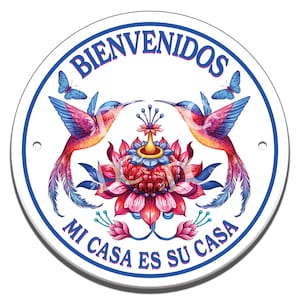 Bienvenidos Ceramic Front Home Welcome Circle Tile, Mexican Themed House Sign, Hummingbirds Front Door Welcome Sign