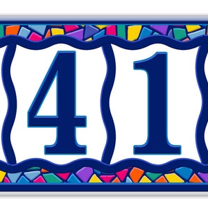 May include: A colorful mosaic tile house number plaque with blue numbers reading "6410".