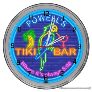 Neon Themed Tiki Parrot Light Up 16 In Clocks, Tiki Parrot Neon Clocks, Tiki Bar Light Up Signs,