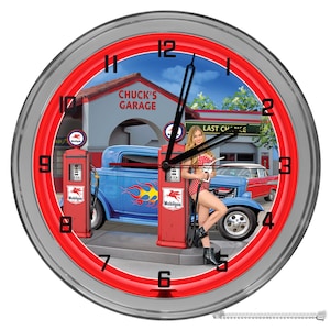 Full Service Gas Station Garage Customized 16 In Neon Clock, Garage Repair Shop Light Up Sign, Mechanic Garage Clock, Car Dealer Clocks