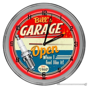 Workshop Garage Customized 16 In Neon Clock, Garage Repair Shop Light Up Sign, Mechanic Garage Clock, Retro Wall Clock