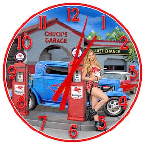 May include: A vintage-style clock featuring a red, white, and blue color scheme. The clock face has Roman numerals and a red hand pointing to the number 12. The background shows a classic car, a gas pump, and a woman in a red and white polka dot bikini. The text "Chuck's Garage" and "Last Chance" are visible on the building in the background.
