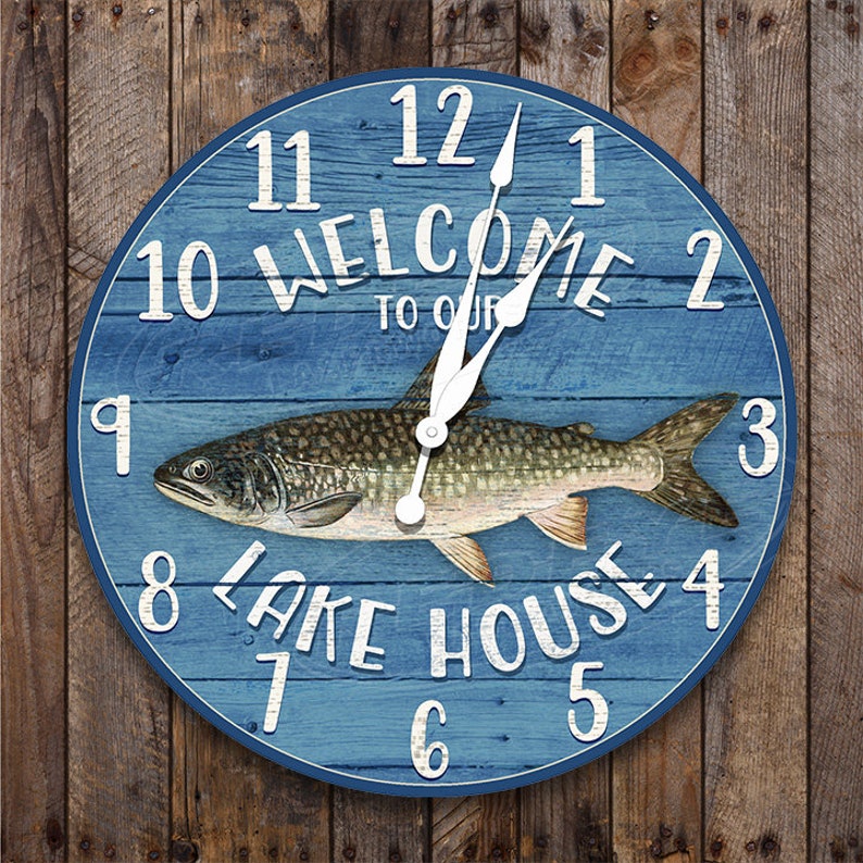 Lakehouse Welcome Clock Fishing Clocks Rustic Cottage - Etsy