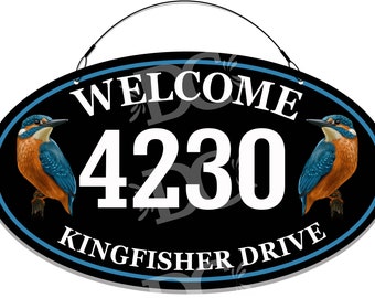 Kingfisher Bird Welcome Sign: Personalized Metal House Number Sign
