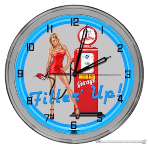 Gas Pump Filling Station 16 In Neon Clock, Garage Repair Shop Light Up Sign, Mechanic Garage Clock, Retro Wall Clock