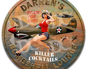 WWII P-40 Bomber Bar Metal Sign: Vintage Pilot Pin Up Art