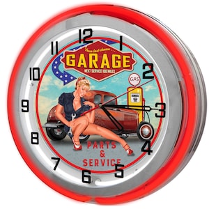 Last Chance Gas Station 19&quot; Neon Sign Clock, Mechanic Garage Neon Clock, Mechanic Neon Clocks, Body Shop Clock, Hot Rod Shop Signs