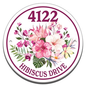Hibiscus Flowers Themed Ceramic House Number Circle Tile, Hibiscus Garden Themed Address Door Sign, Garden Flowers Themed House Sign,