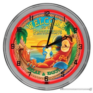 Beach Bar Relax & Enjoy 16 In Neon Clock, Patio Bar Light Up Clock, Tropical Theme Clocks Customized, Tiki Bar Light Up Clocks, Tiki Neon