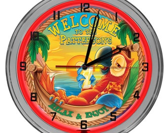 Beach Bar Relax & Enjoy 16 In Neon Clock, Patio Bar Light Up Clock, Tropical Theme Clocks Customized, Tiki Bar Light Up Clocks, Tiki Neon