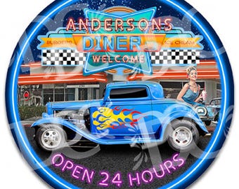 Insegna in metallo per ristorante retrò: Drive-in con auto sportive, stile vintage anni '50