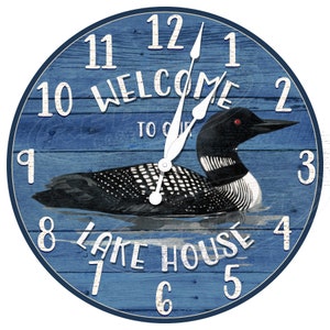 Loon Themed Cottage Welcome Clock, Loon Bird Clocks, Rustic Cottage Clocks, Loon Camp Clocks, Bird Themed Cottage Clocks, Wood Themed Clocks