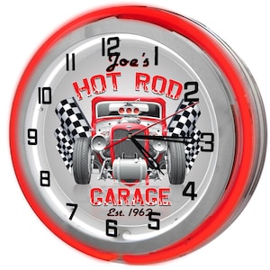 Hot Rod Garage Signs Customized, Muscle Car Garage Signs, Custom 19&quot; Neon Clocks, Body Shop Clocks, Racing Garage Clocks,