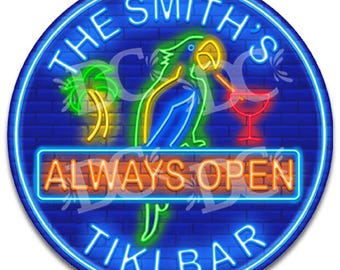 Spersonalizowany szyld Tiki Bar: Neonowa dekoracja z papugą, patio na zewnątrz