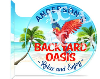 Tabliczka na bar „Oasis” na podwórku: dwustronna dekoracja tropikalna