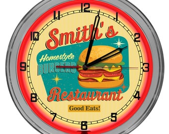 Vintage Hamburger Diner Light Up Clock: 50's Style Restaurant Sign