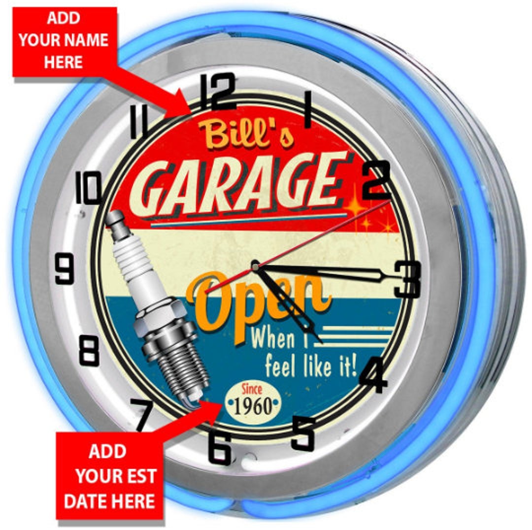 Mechanic Garage 19 Neon Clock Sign Customized, Dad's Garage Clocks