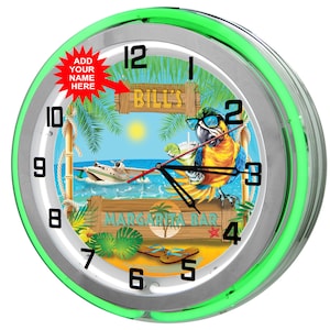 Tiki Bar Neon Light Sign 19" Clock, Personalize Tiki Beach Bar Parrot Sign, Tiki Bar Décor, Tiki Signs, Beach Bar Signs,