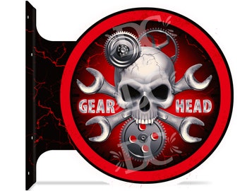 Skull Gear Head Garage Double Sided Signs, Motorhead Garage Signs, Mechanic Garage Signs, Muscle Car Shop Signs, Auto Repair Signs