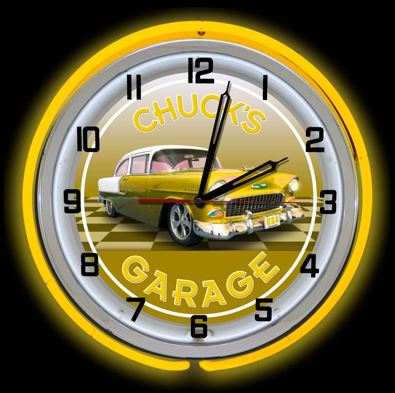Customized Neon Sign Garage Clock Personalized Automotive Etsy