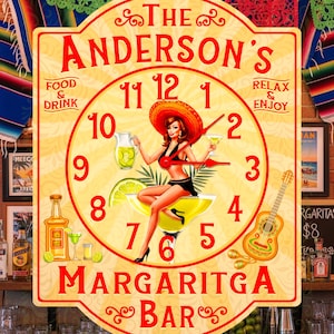 Personalized Margarita Bar Wall Clock: Home Bar Decor, Tiki Bar Custom Clock