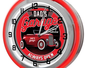 Dad's Garage Light up Neon Wall Clock, Hot Rod Garage Neon Clock