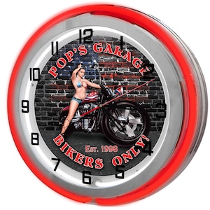Motorcycle Biker Garage 19&quot; Neon Sign Clock, Motorcycle Garage Clock, Mechanics Neon Garage Clock, Biker Garage Décor, Light Up Garage Signs