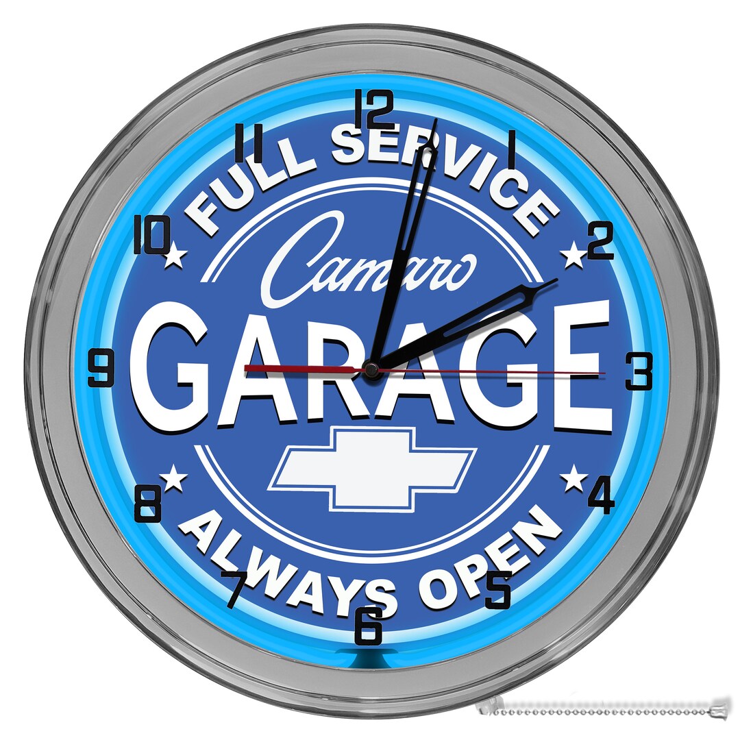 Chevy Camaro 16 Neon Garage Clock, Chevrolet Full Service Garage Clock
