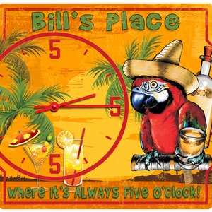 Tequila Parrot Clock Personalized, Tiki Bar Themed Clock, Custom Tiki Bar Signs, Custom Patio Clocks