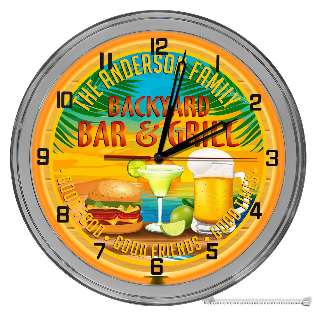 Backyard Patio Bar 16 in Neon Clock, Tiki Bar Tropical Custom Clocks