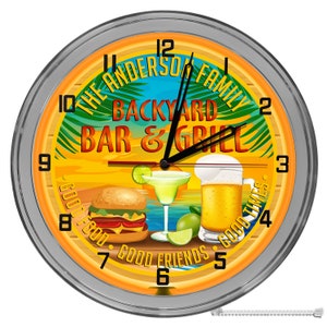 Backyard Patio Bar 16 In Neon Clock, Tiki Bar Tropical Custom Clocks, Light Up Patio Clocks, Decorative Patio Clocks, Customized Bar Clocks
