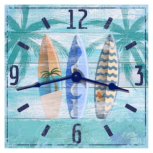 Surfboard Clock, Tropical Beach Surfing Clock, Beach Clock, Palm Tree Clock, Surfing Decor