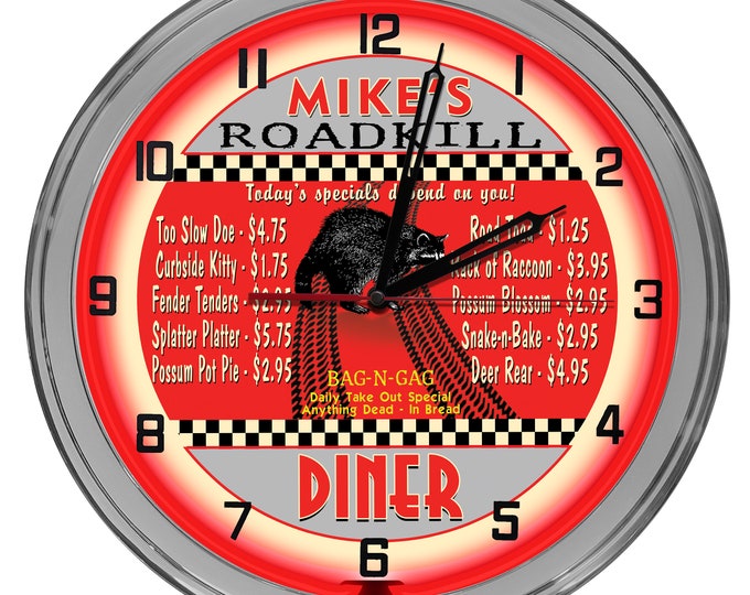 Road Kill Diner 16 In Clock, Novelty Diner Clocks, Vintage Kitchen Signs, Novelty Cooking Clock, Kitchen Light Up Signs, Diner Clocks