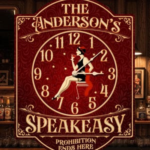 May include: A vintage-style sign with a clock face design. The sign is burgundy with gold lettering that reads "The Anderson's Speakeasy." A flapper girl illustration is in the center. The text "Prohibition Ends Here" is at the bottom.