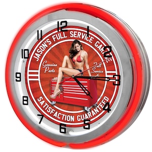 Workshop Tools 19&quot; Neon Sign, Mechanic Garage Neon Clock, Mechanic Neon Clocks, Body Shop Clocks, Pin Up Girl Garage Clocks,