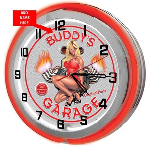 Mechanic Pin Up Girl Custom Garage Clock, Mechanic Garage 19&quot; Neon Clock, Mechanic Neon Clocks, Body Shop Clock, Hot Rod Shop Signs,