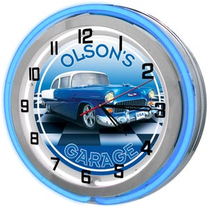 Customized Neon Sign Garage 19&quot; Clock, Personalized Automotive Garage Neon Clock, Garage Decor Ideas, Light Up Garage Signs