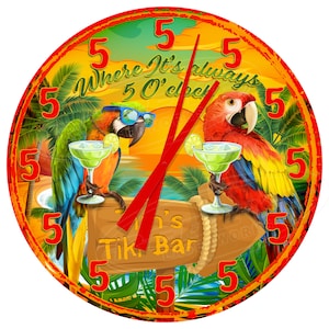 Backyard Porch Tiki Bar Clock, Patio Bar Décor, Patio Sign Clock Ideas, Parrot Tiki Bar Clocks, Backyard Porch Clock,