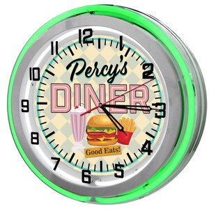 Customizable Diner Neon Clock: Retro Restaurant Sign, 19" Wall Decor Retro Diner Green