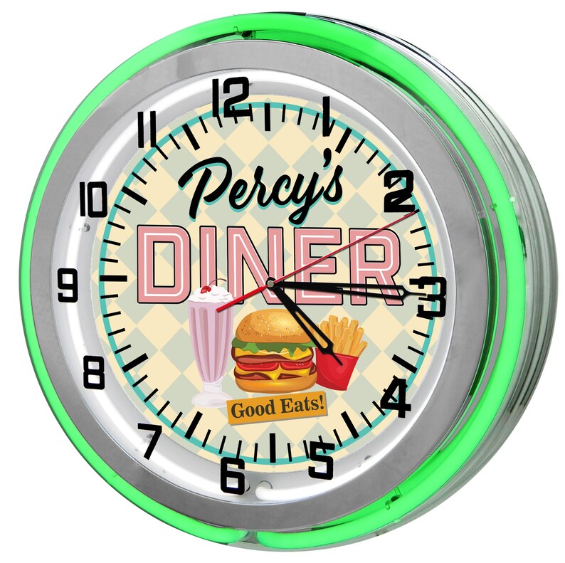 Customizable Diner Neon Clock: Retro Restaurant Sign, 19" Wall Decor Retro Diner Green
