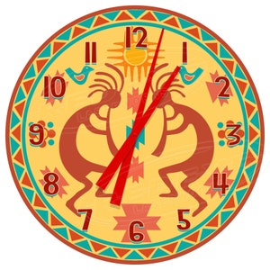 May include: A round clock with a yellow face and red hands. The clock face features a stylised design of two figures dancing, a sun, and birds. The numbers 1 through 12 are around the edge of the clock face.
