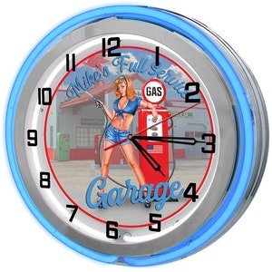 Full Service Garage Neon Clock, Gas Station Gas Pump Girl 19&quot; Neon Sign Customized, Gas Station Garage Neon Clock, Mechanic Neon Clocks,
