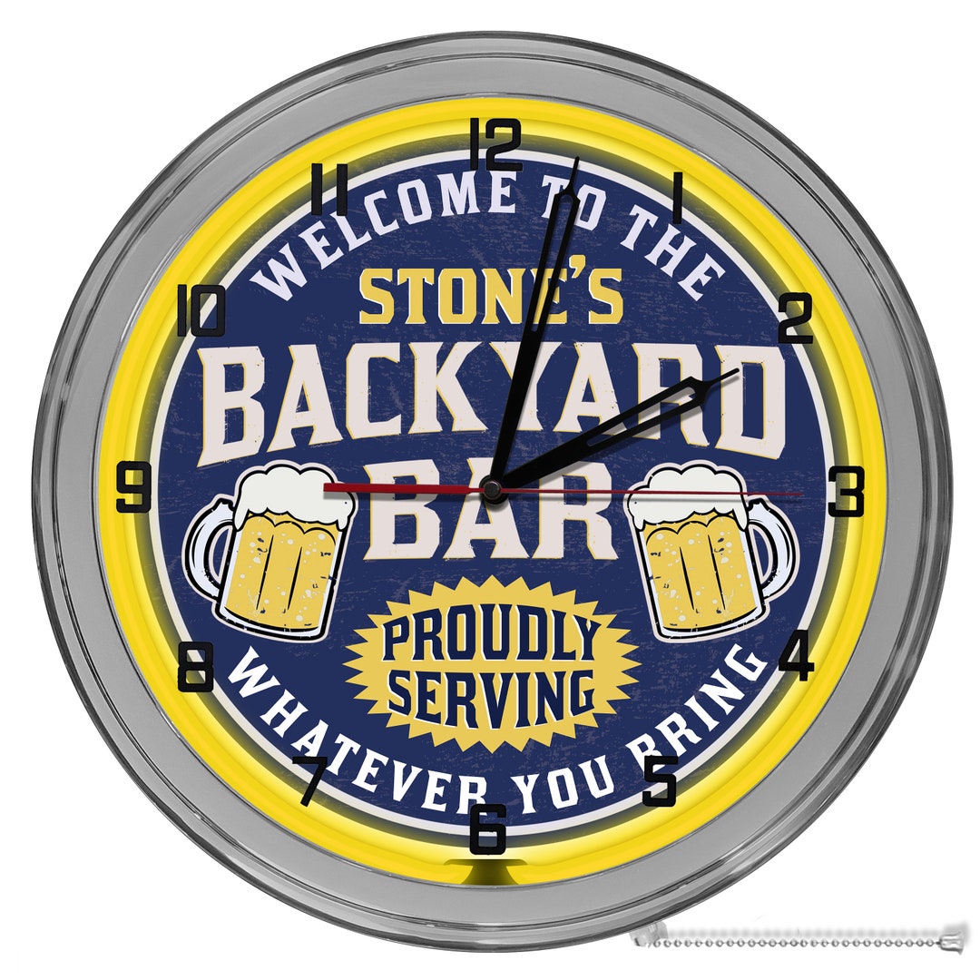 Backyard Bar 16 in Neon Clock, Tiki Bar Tropical Custom Clocks, Light