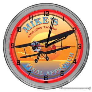 Pilots Bar 16 In Neon Clock, Aviation Light Up Clock, Airplane Themed Clock, Flying Pilot Signs, Pilot Light Up Clocks, Pilot's Tavern Sign