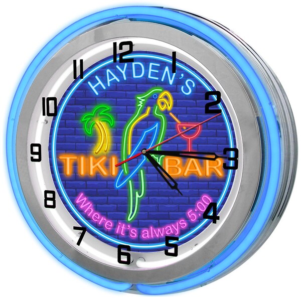 Parrot Tiki Bar 19" Neon Sign Clock, Always 5 O'clock Neon Clock, Tiki Bar Neon Clocks, Light Up Wall Clocks, Neon Parrot Wall Clock