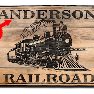 May include: A wooden sign with a black and white illustration of a steam locomotive. The sign reads "Anderson Railroad".