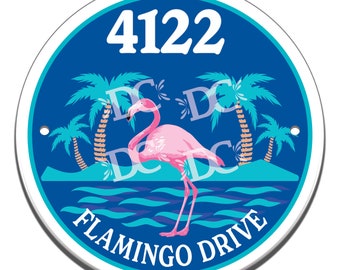 Florida Flamingos Themed Ceramic House Number Circle Tile, Pink Flamingos Themed Address Door Sign, Flamingo Paradise Themed House Sign,