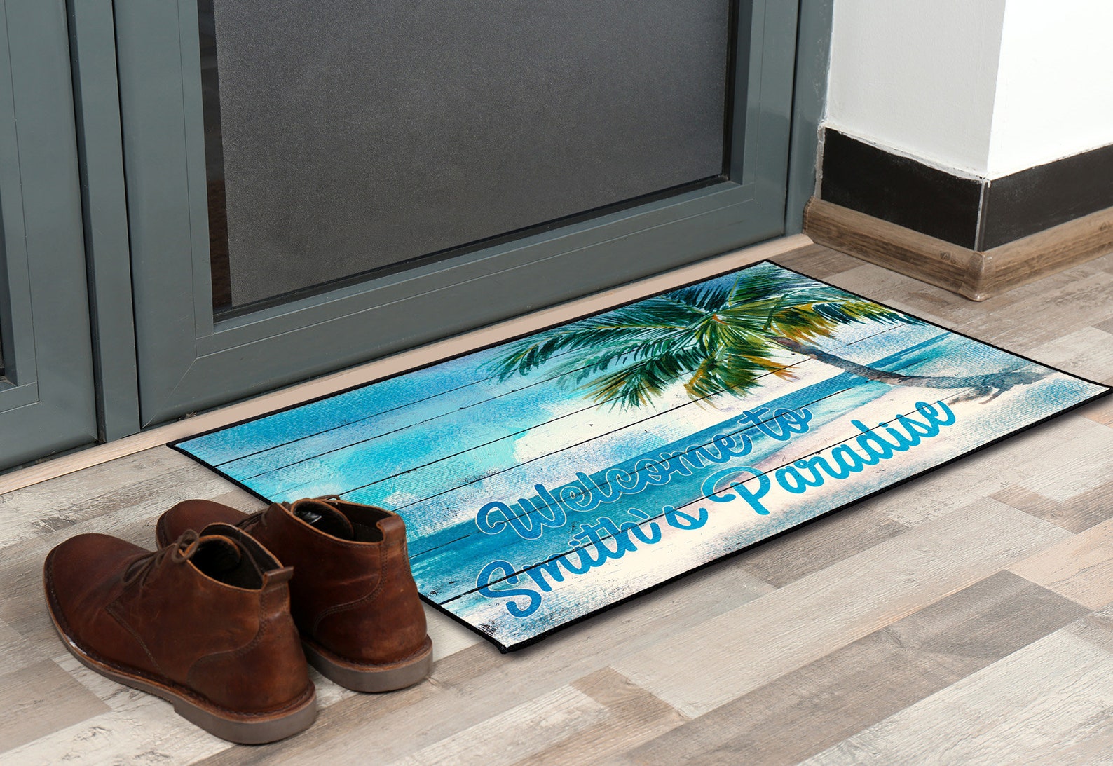 Tropical Beach Door Mat, Ocean Themed Front Doormat, Palm Trees